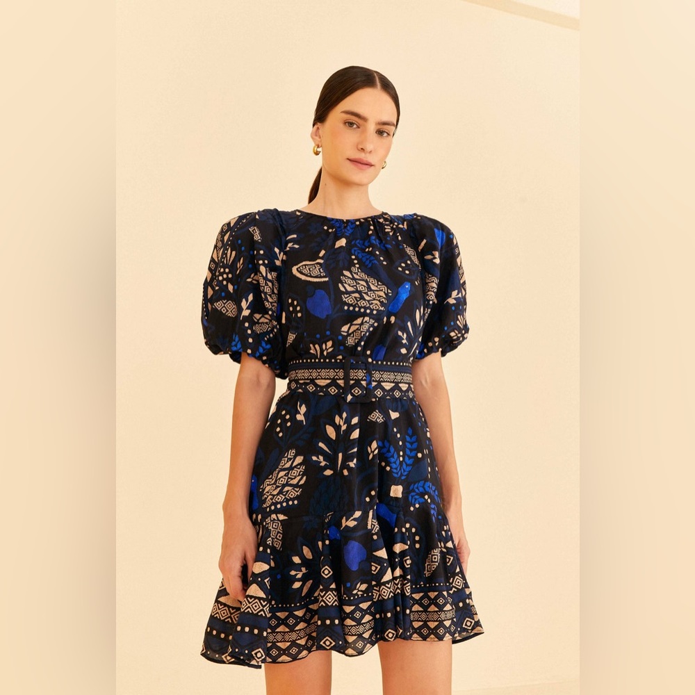 FARM Rio Navy Blue & Beige Floral Puff-Sleeve Mini Dress - Picture 6 of 13